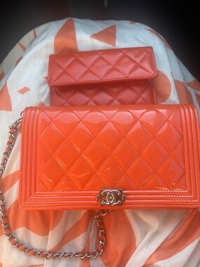 CHANEL Vibrant Orange Quilted Wallet On Chain With Mini Insert Wallet